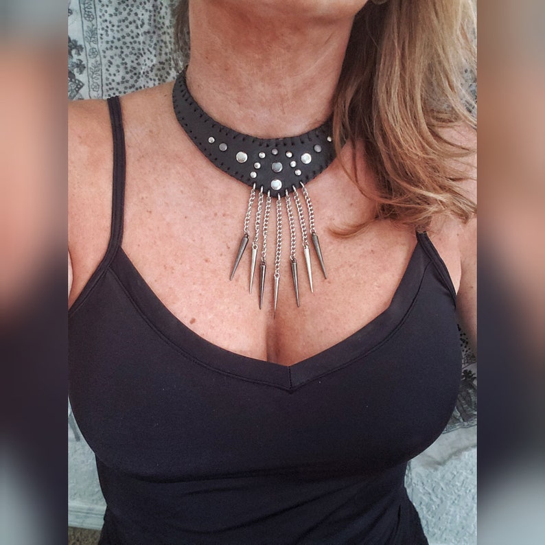 exclusive design layered spikes necklace spiked black leather choker leather necklace w spikes Black leather choker w chains and spikes