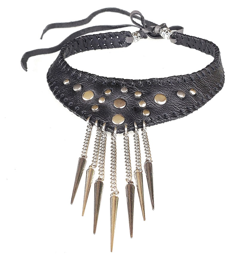 exclusive design layered spikes necklace spiked black leather choker leather necklace w spikes Black leather choker w chains and spikes