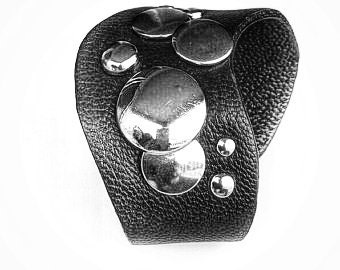 Black leather bracelet with studs , asimetrical studded leather cuff, punk, avant-garde, rocker, stage-wear, unique piece, edgy, handmade.