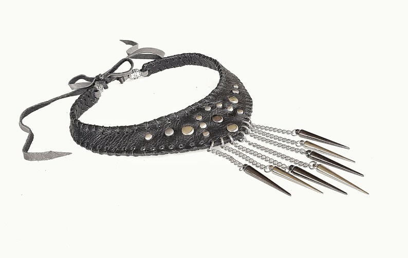 exclusive design layered spikes necklace spiked black leather choker leather necklace w spikes Black leather choker w chains and spikes