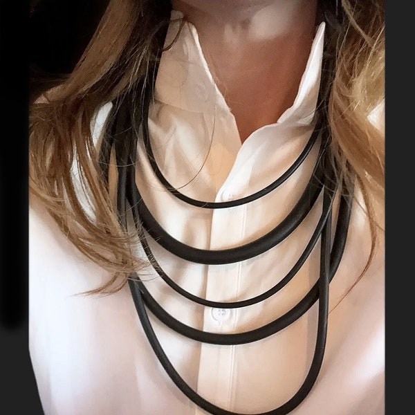 Massive layered necklace, contemporary statement necklace, black big necklace, rubber necklace, extravagant necklace, huge necklace