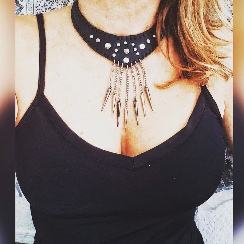 exclusive design layered spikes necklace spiked black leather choker leather necklace w spikes Black leather choker w chains and spikes