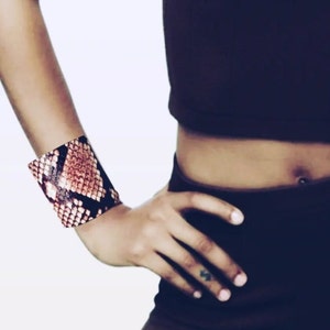 Snake Print Leather Cuff Bracelet: Wide Python Wristband