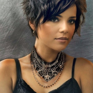 Silver Crackle Leather Choker: Multi-Chain Rhinestone Pendant Necklace