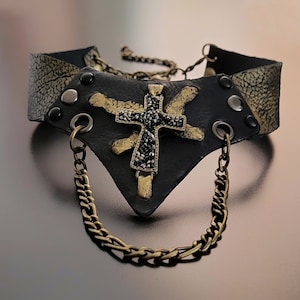 Wide Leather Cross Choker: Gothic Punk Necklace