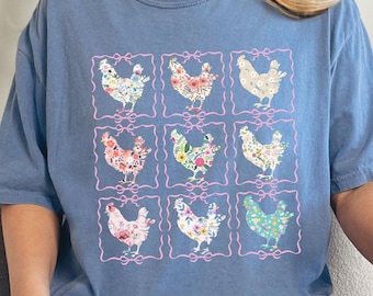 Whimsical Garden Chicken Comfort Colors® Floral Coquette Shirt, Cute Farm Shirt, Gift for Gardeners, Summer Casual Wear, Animal Lovers Gift