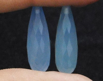 Natural Blue Chalcedony Handmade Faceted Elongate Teardrops Shape Loose Beads, Top Half Drill Beads 8x24mm Top Half Drill 1mm 3 Matched Pair