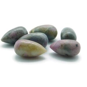 May include: Six teardrop-shaped stones with a mix of pink, green, and grey colours. The stones are smooth and polished.