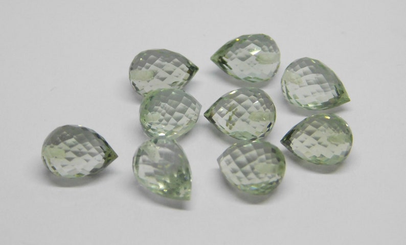 FD-60 Natural Green Amethyst Faceted Handmade Teardrops Shape Fat Side Drill 7x10mm Perfect For Earring 3 Matched Pair