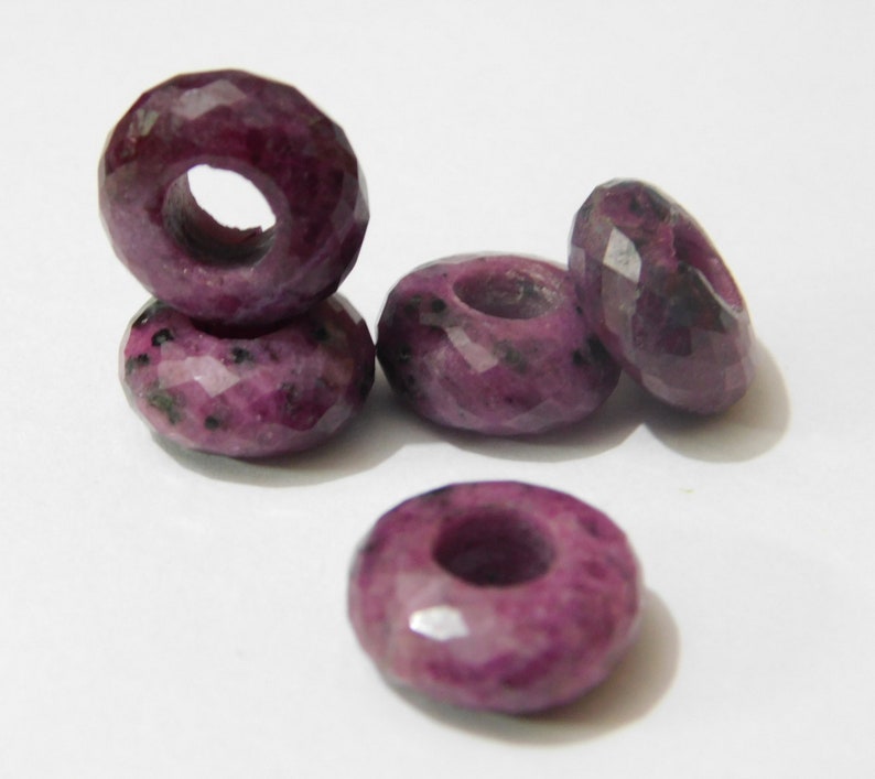 FD-177 Natural Ruby Faceted Handmade Rondelle Shape European Charms Beads-Big Hole Beads 8x14mm 5 Pieces