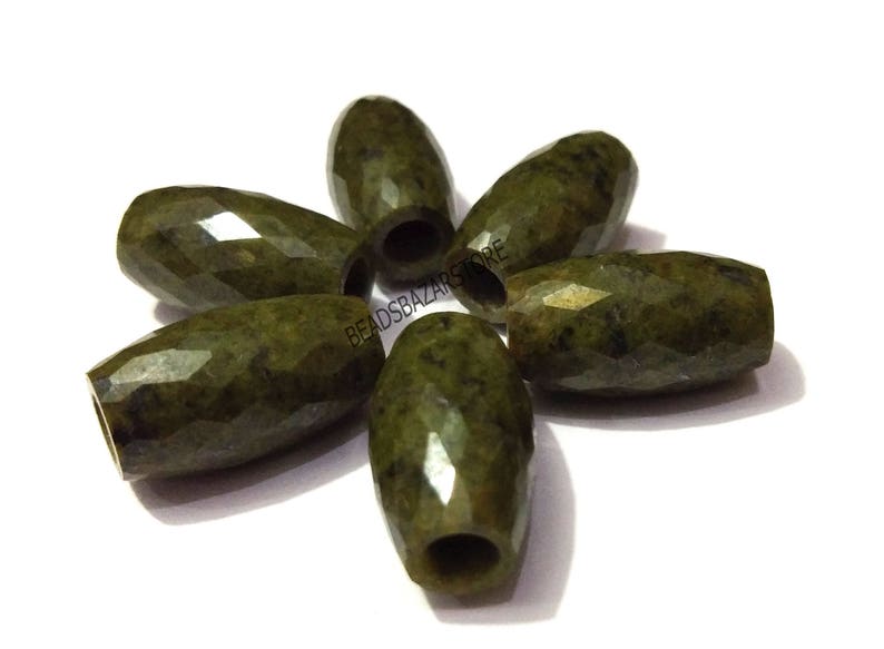 Natural Green Dalmation Jasper European Handmade Faceted Long Barrel Shape Big Hole Beads 10x18mm 5 Piece-5mm Hole