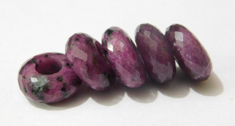 FD-177 Natural Ruby Faceted Handmade Rondelle Shape European Charms Beads-Big Hole Beads 8x14mm 5 Pieces