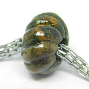 Natural Green Brown Jasper Melon Carved European Bracelet Fit Charms Beads/European Bracelet Style Charms Beads 14x8mm 5mm Hole 5 Piece