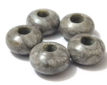 Natural Black Fossil Coral Gemstone European Handmade Smooth Rondelle Big Hole Beads Large Hole Beads 8x14mm 5mm Hole 5 Pieces OK-78