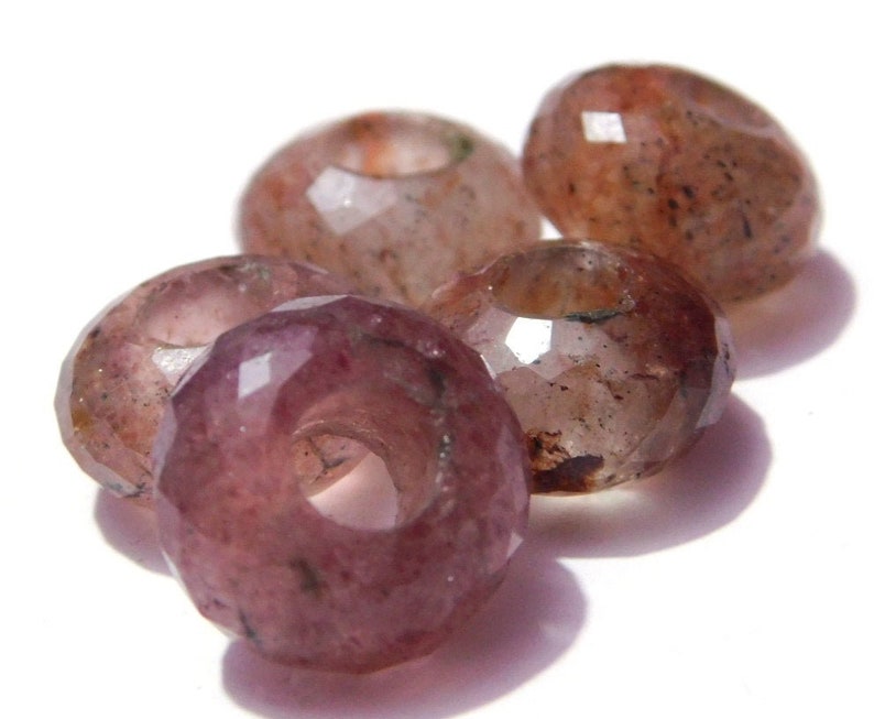 Natural Strawberry Quartz European Handmade Faceted Rondelle Big Hole Beads Large Hole Beads 8x14mm 5mm Hole 5 Piece SU-29