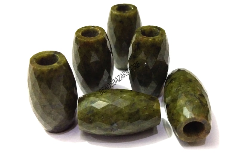 Natural Green Dalmation Jasper European Handmade Faceted Long Barrel Shape Big Hole Beads 10x18mm 5 Piece-5mm Hole