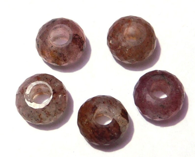 Natural Strawberry Quartz European Handmade Faceted Rondelle Big Hole Beads Large Hole Beads 8x14mm 5mm Hole 5 Piece SU-29