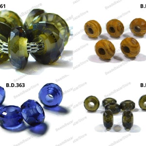 May include: Assortment of glass beads in various colors, including green, blue, and brown. The beads are faceted and have a hole in the center for stringing. The beads are arranged in groups of four, with each group labeled with a product code: B.D.361, B.D.362, B.D.363, and B.D.364.