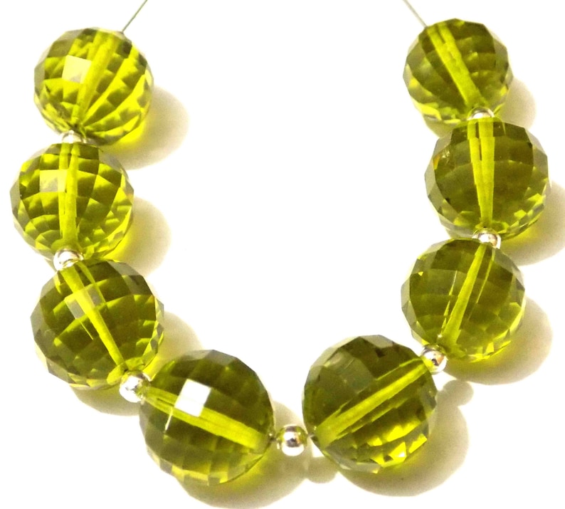 AAAA Lime Green Hydro Quartz Step Cut Handmade Round Ball Beads 8mm-18mm Straight Full Drill 12 Piece 6 Matched Pair Each Strand