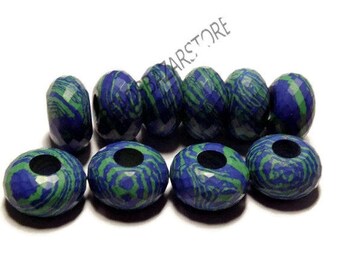 Simulated Azurite, European Charms Beads, Faceted Rondelle, Big Hole Beads, Large Hole Beads 8x14mm-10x16mm  5 Piece -3mm-6mm Hole