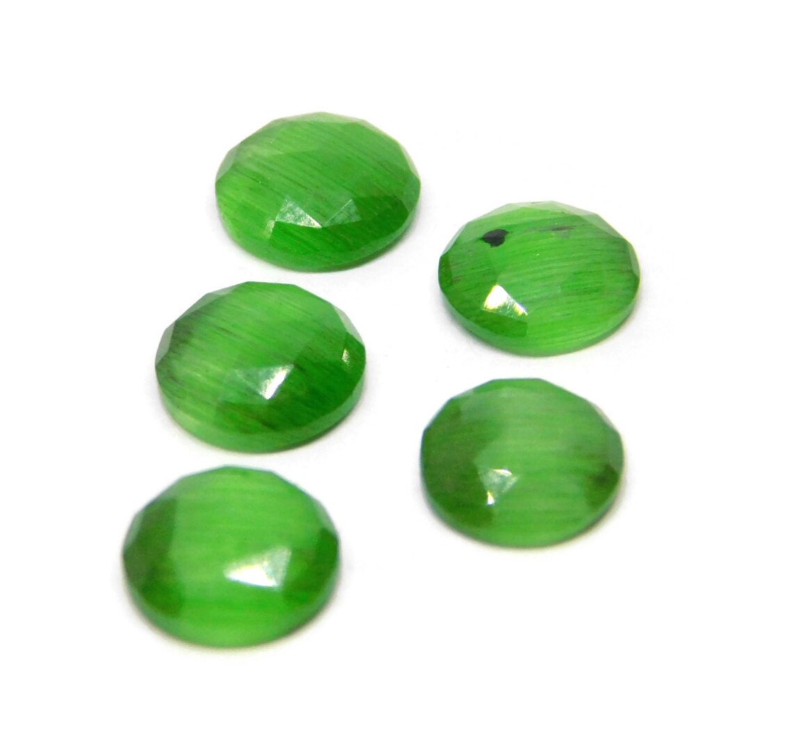 5 Pieces Green Cats Eye Quartz Round Flat Back Rose Cut Size Etsy