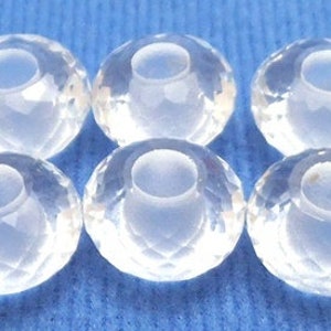 AAAA Clear Crystal Quartz European Handmade Faceted Rondelle Big Hole Beads 8x14mm  5mm Hole 5 Piece
