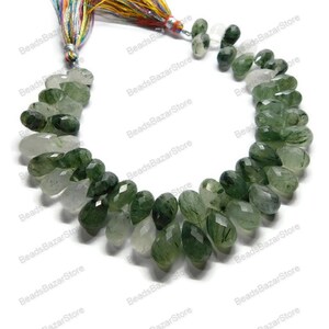 Natural Green Rutile, Handmade Faceted Teardrop Beads, 7x12mm Size, Jewelry Making Gemstone, Natural Beads, Beads Supplies, 8 Inch Strand