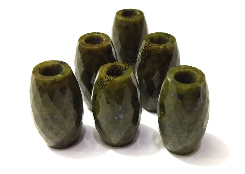 Natural Green Dalmation Jasper European Handmade Faceted Long Barrel Shape Big Hole Beads 10x18mm 5 Piece-5mm Hole