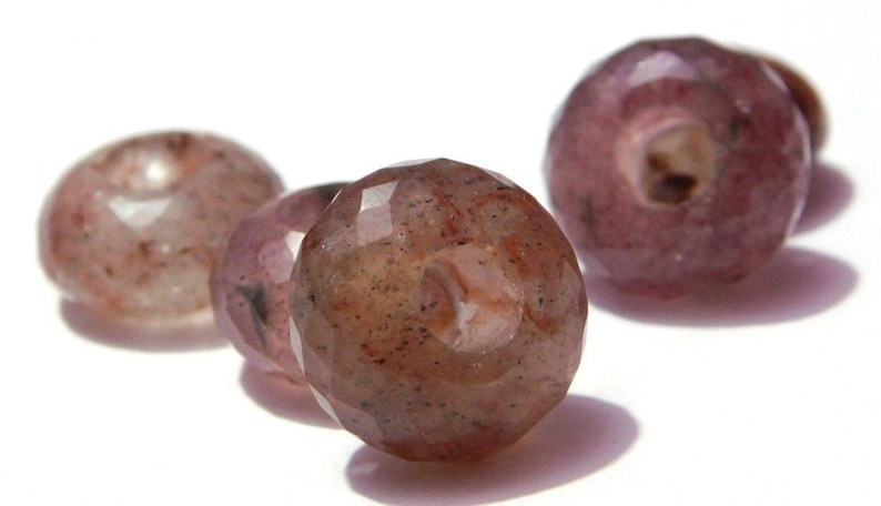 Natural Strawberry Quartz European Handmade Faceted Rondelle Big Hole Beads Large Hole Beads 8x14mm 5mm Hole 5 Piece SU-29