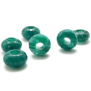 Natural Dyed Emerald Handmade Faceted Rondelle Big Hole Beads, Large Hole Beads, European Bracelets Beads 8x14mm 5mm Hole 6 Piece