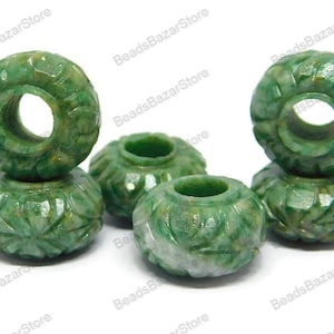 Natural Green Jade Handmade Carved Rondelle Big Hole, European Bracelet Beads, Large Hole Beads, 9x15mm, Hnadmade Carved Big Hole Beads