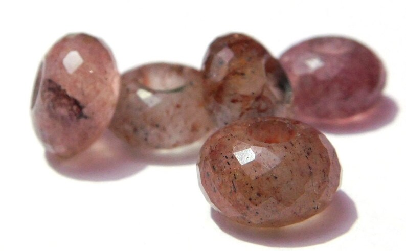 Natural Strawberry Quartz European Handmade Faceted Rondelle Big Hole Beads Large Hole Beads 8x14mm  5mm Hole 5 Piece SU-29