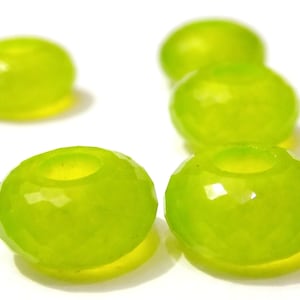 Green Jade Gemstone, Handmade Faceted Rondelle Beads, Big Hole Beads, 8x14mm Size, European Bracelet Fit Charms Beads, 5mm Hole, 5 Pieces