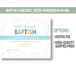 Plantilla editable de certificado de bautismo para niño / Imprimir / Estilo B