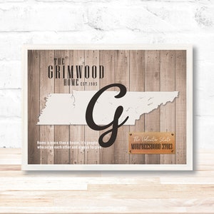 Disponibile in qualsiasi stato: cartello personalizzato con monogramma dello stato del Tennessee, diverse dimensioni, quattro finiture della cornice, Tennessee Nashville