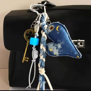 Y2K Denim Heart Bag Charm: Braided Rope & Rustic Key