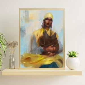 Lámina artística de Mujer con vestido amarillo - Impresión abstracta de mujer con vino - Decoración de pared única - Regalo de inauguración de la casa - Decoración de pared de cocina - Comedor