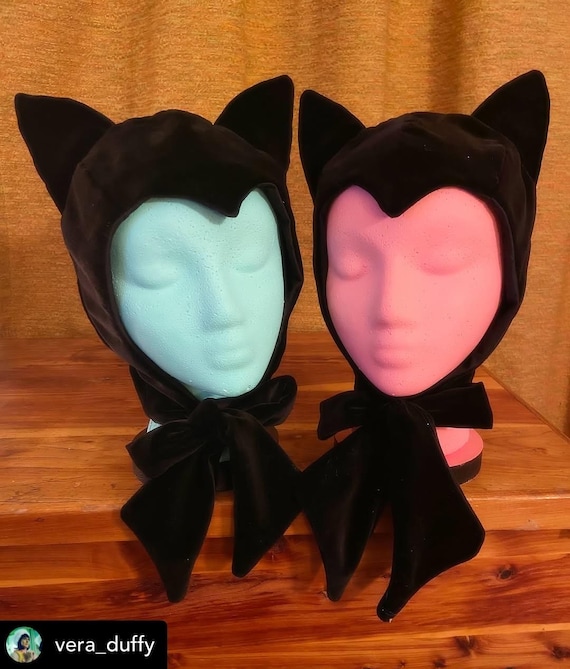 Black Vintage-style KITTY-HAT Bonnet Hood With Ears - Velvet  display picture 1