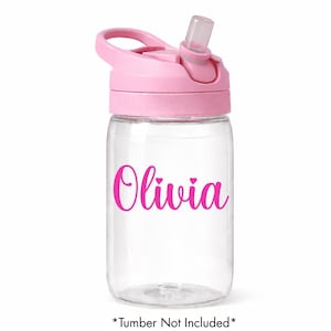 May include: A clear plastic water bottle with a pink lid and straw. The name "Olivia" is printed in pink script with heart accents. The bottle has a handle and a flip-top lid. The text "*Tumbler Not Included*" is at the bottom.