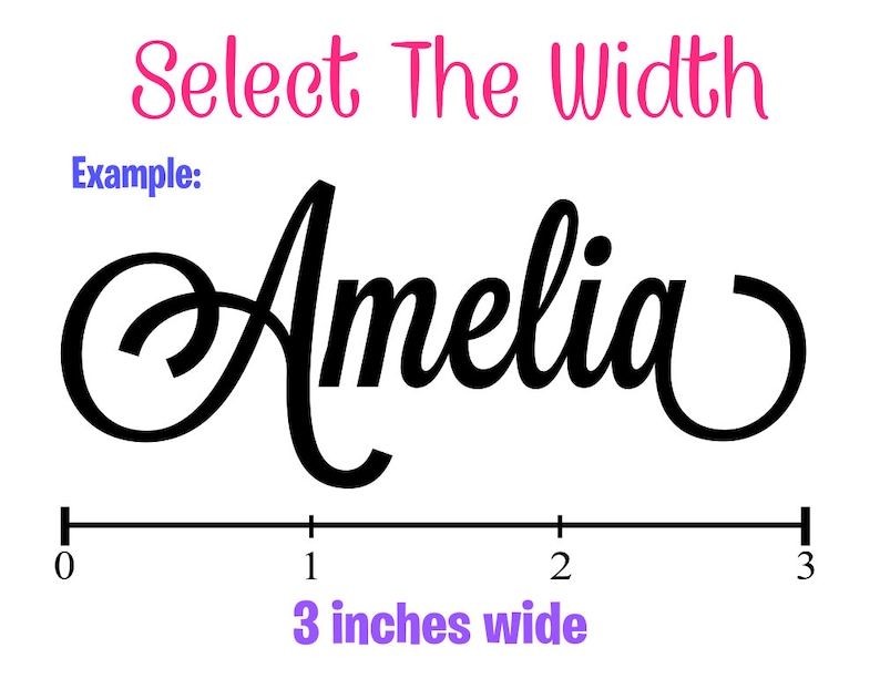 May include: A black and white image showing the name Amelia written in a cursive font. A ruler is shown below the name with markings from 0 to 3 inches. The text "3 inches wide" is written below the ruler.