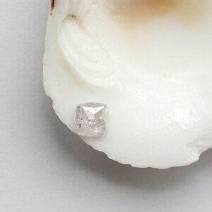 May include: A cushion-cut, pale pink gemstone with a faceted surface, resting on the smooth, white, curved interior of a seashell. The stone displays a translucent quality with internal inclusions and a soft, light-reflecting appearance.