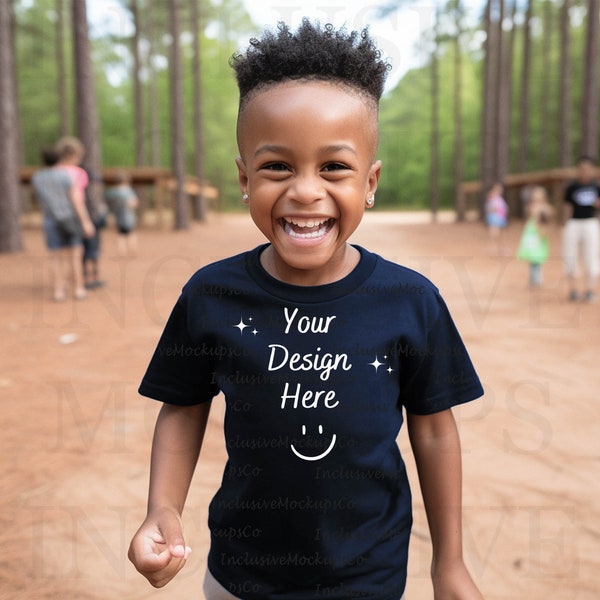 Little Black Boy Mockup, True Navy Bella Canvas 3001 Child Mockup, Kid Tshirt Mockup, African American Mock Up, Navy Blue Shirt Mockup