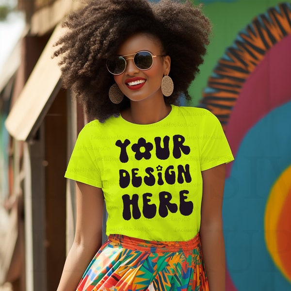 Black Model Mockup, Neon Yellow Bella Canvas 3001 Mockup T-Shirt, Black Woman Mockup, Yellow Shirt Mock Up, African Colors, Lifestyle Mockup