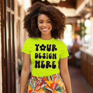 Black Model Mockup, Neon Yellow Bella Canvas 3001 Mockup T-Shirt, Black Woman Mockup, Yellow Shirt Mock Up, African Colors, Lifestyle Mockup