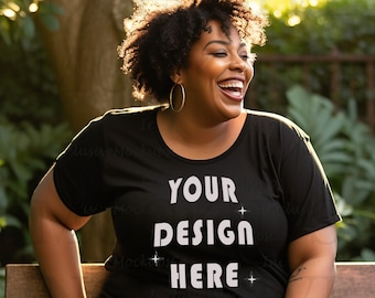 Black Model Mockup T-Shirt | Black Bella Canvas 3001 Mockup | Plus Size Mockup | Black Woman Mockup Outdoors Garden | African American Model