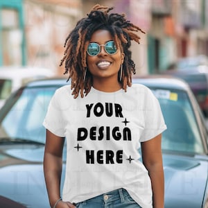 Black Model Mockup | Ash Bella Canvas 3001 Mockup | African American Woman Mockup | Black Woman T-Shirt Mockup | Light Grey T-Shirt Mockup