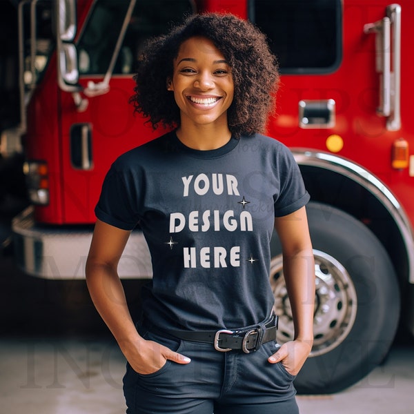 Black Model Mockup | Black Bella Canvas 3001 Mockup | Black Female Firefighter Shirt | Black Woman T-Shirt Mockup | Working Woman Mockup