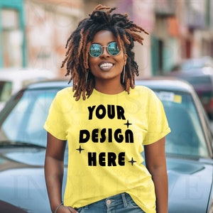 Black Model Mockup | Yellow Bella Canvas 3001 Mockup | African American Woman Mockup | Black Woman T-Shirt Mockup | Yellow Shirt Mockup