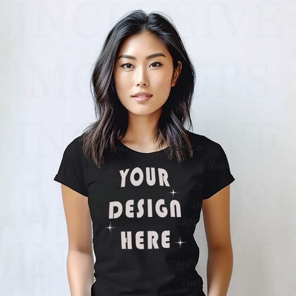 Asian Woman Mockup | Bella Canvas 3001 Mockup | Black T-Shirt Mockup | Asian American Woman | Ethnic Mockups | Asian Woman Mockup