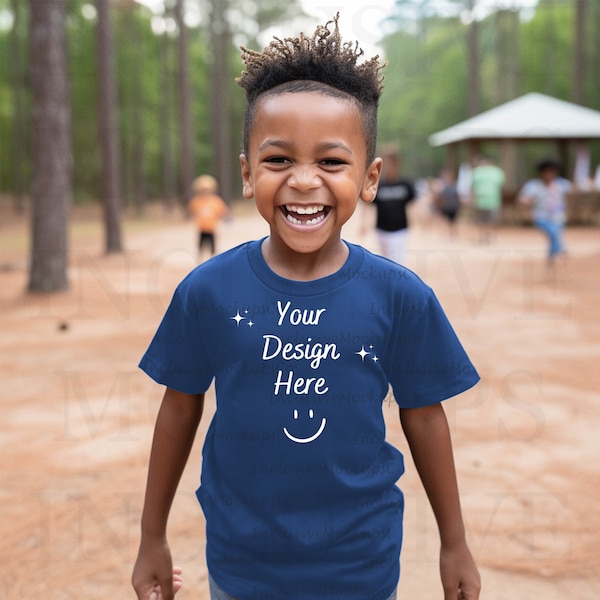 Little Black Boy Mockup, True Royal Bella Canvas 3001 Child Mockup, Kid Tshirt Mockup, African American Mock Up, Blue Shirt Mockup, Outdoor